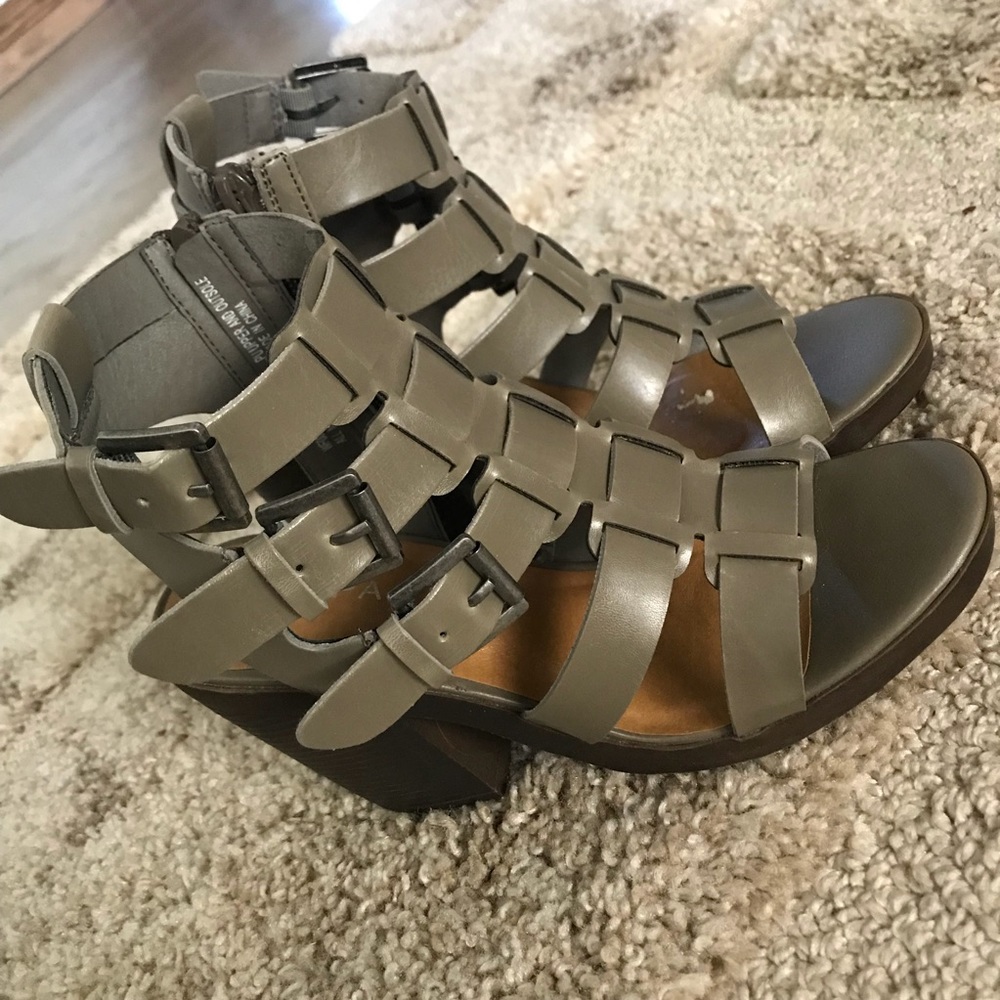 Rampage olive huarache sandals with block heel.